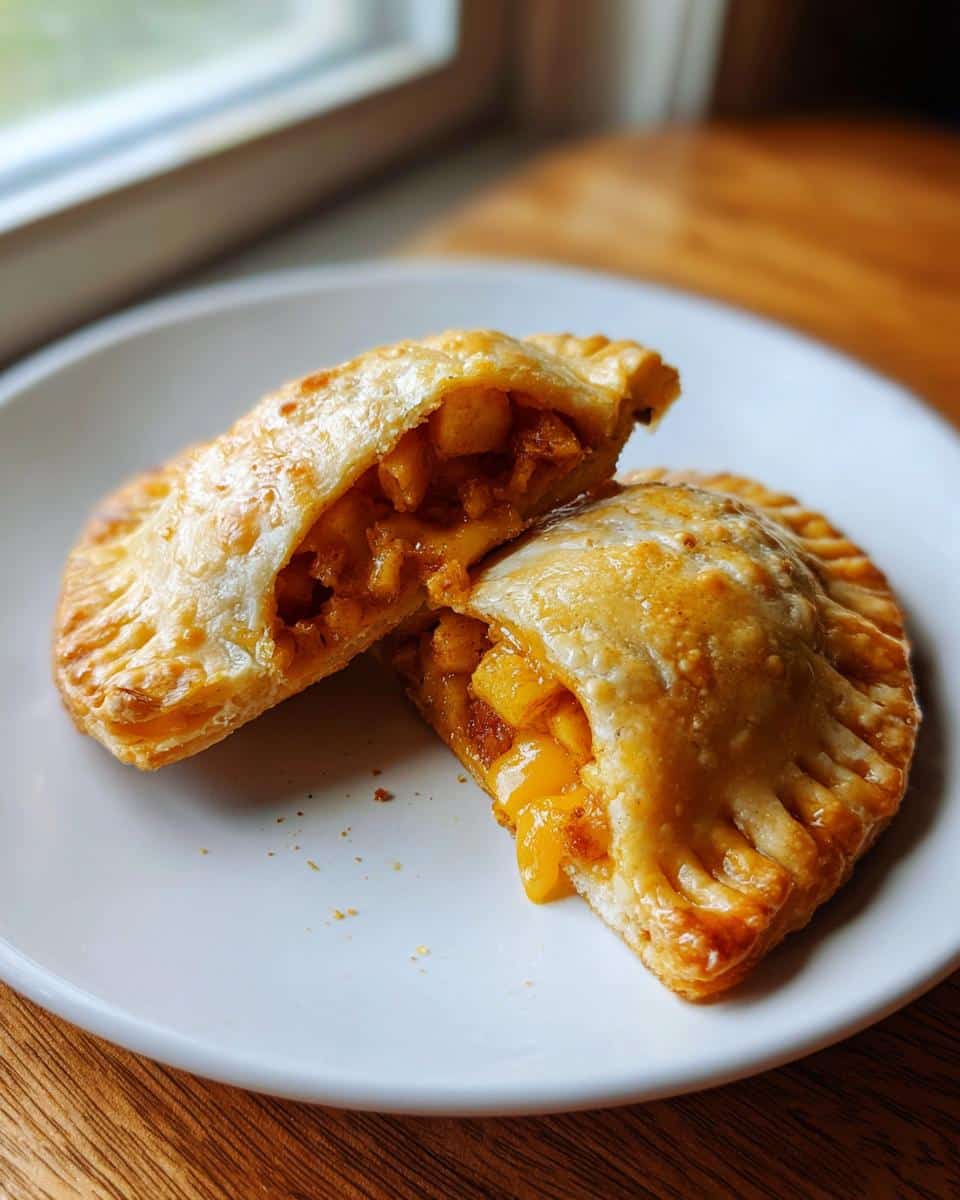 One Mini Apple-Cheddar Hand Pie cut in half showing flaky crust and warm apple and melted cheddar filling.