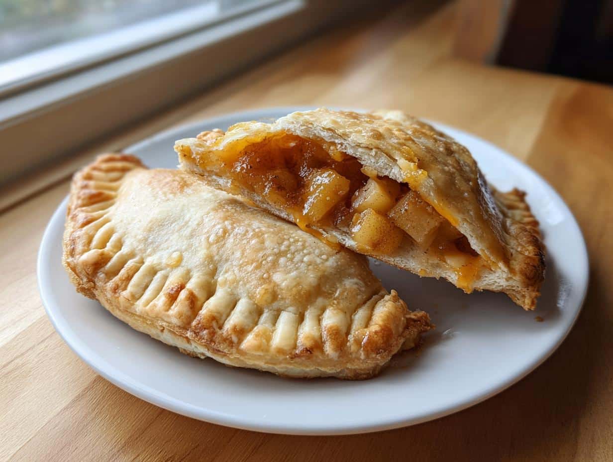 Two golden baked Mini Apple-Cheddar Hand Pies on a white plate, one cut open showing the apple and melted cheddar filling.