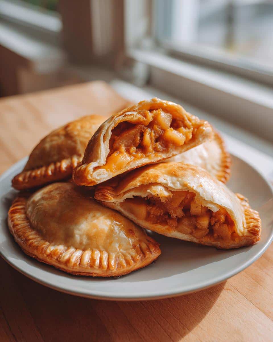 Close-up of golden baked Mini Apple-Cheddar Hand Pies, one cut open revealing the spiced apple filling.