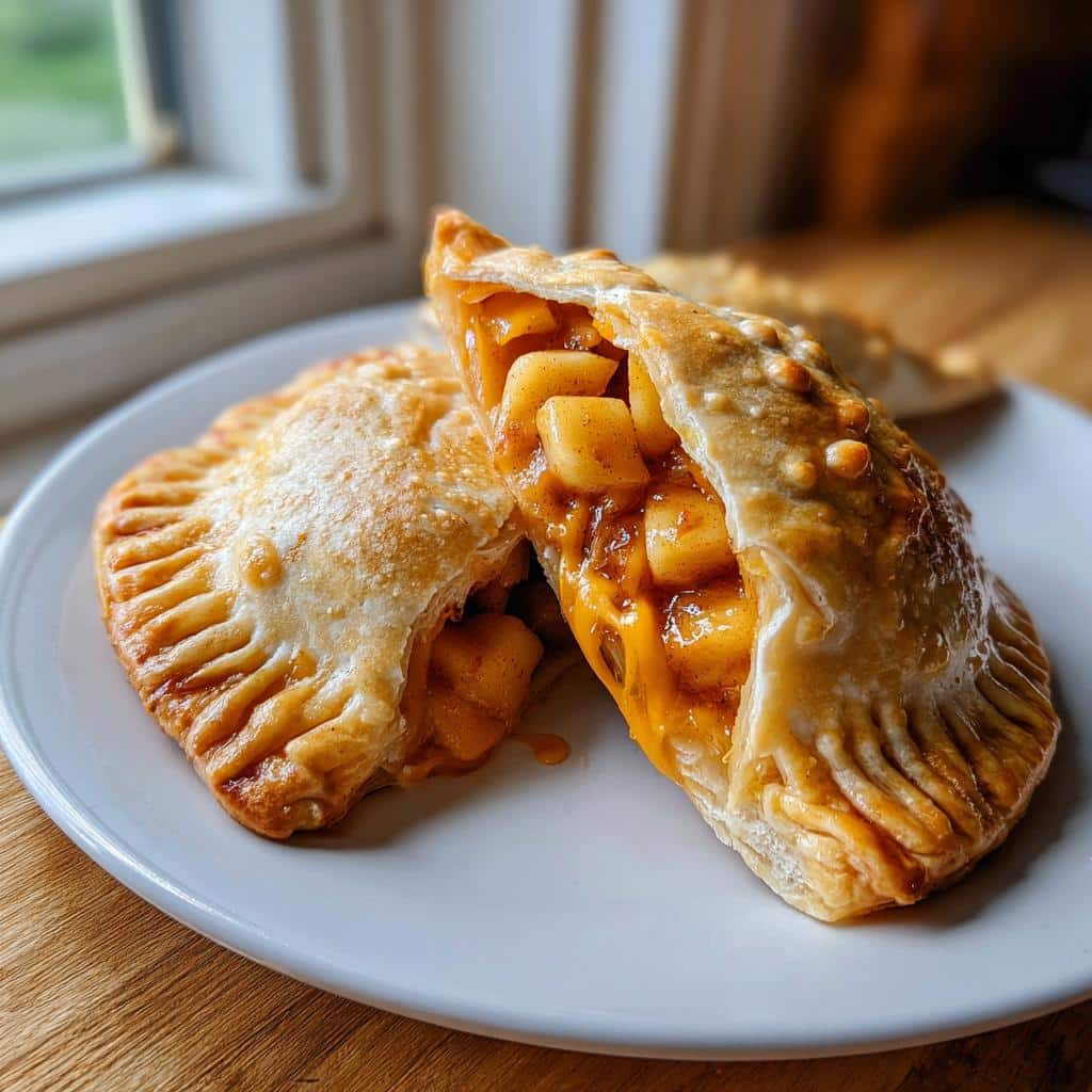 Two golden-brown Mini Apple-Cheddar Hand Pies on a white plate, one cut open revealing chunky apple filling and melted cheddar cheese.
