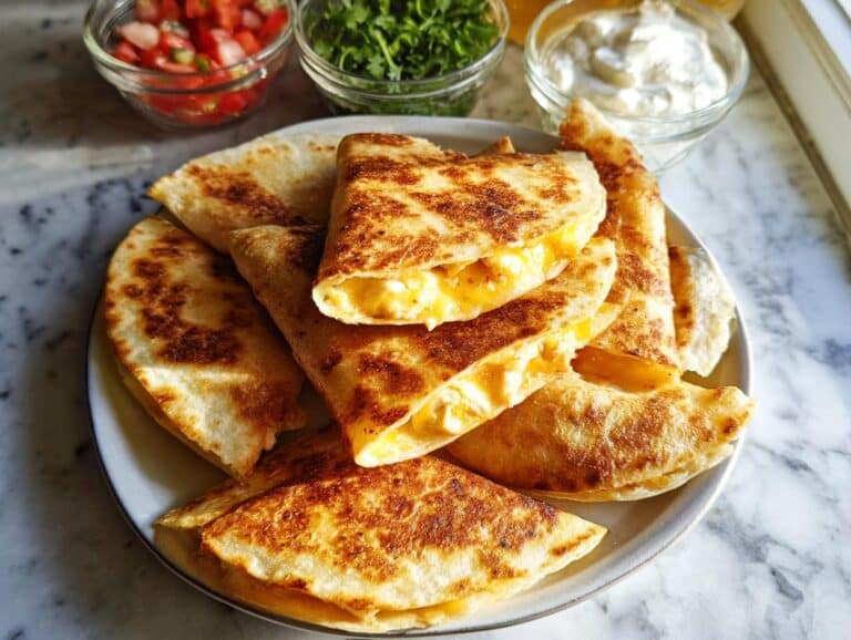 A plate stacked with golden-brown Mini Chicken Quesadilla Bites, showing melted cheese filling, served with salsa and sour cream.