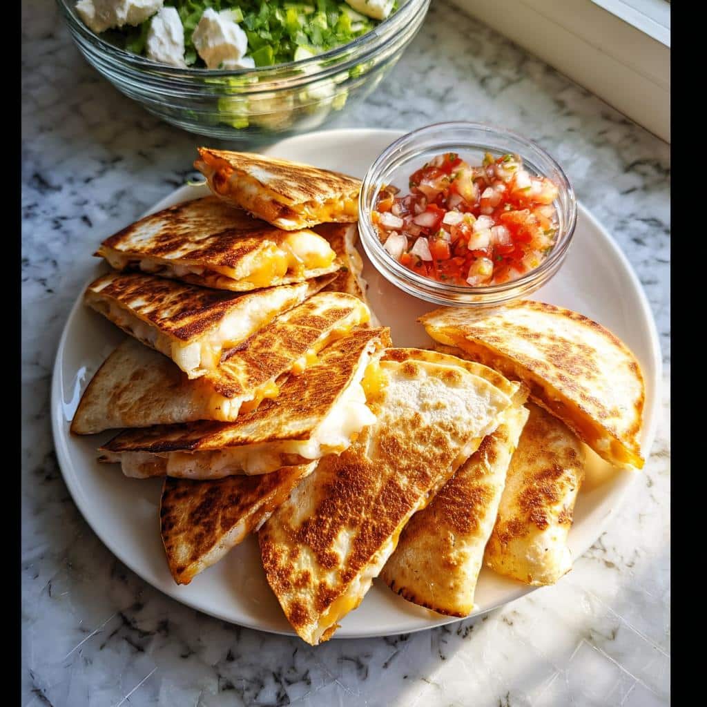 A plate piled high with golden-brown Mini Chicken Quesadilla Bites, showing melted cheese, served with a side of pico de gallo.