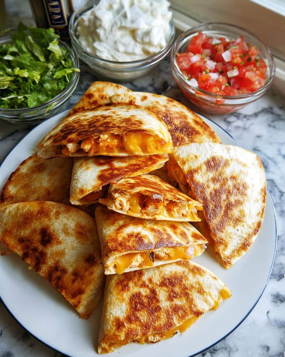 A plate piled high with golden-brown Mini Chicken Quesadilla Bites, showing melted cheese and chicken filling.