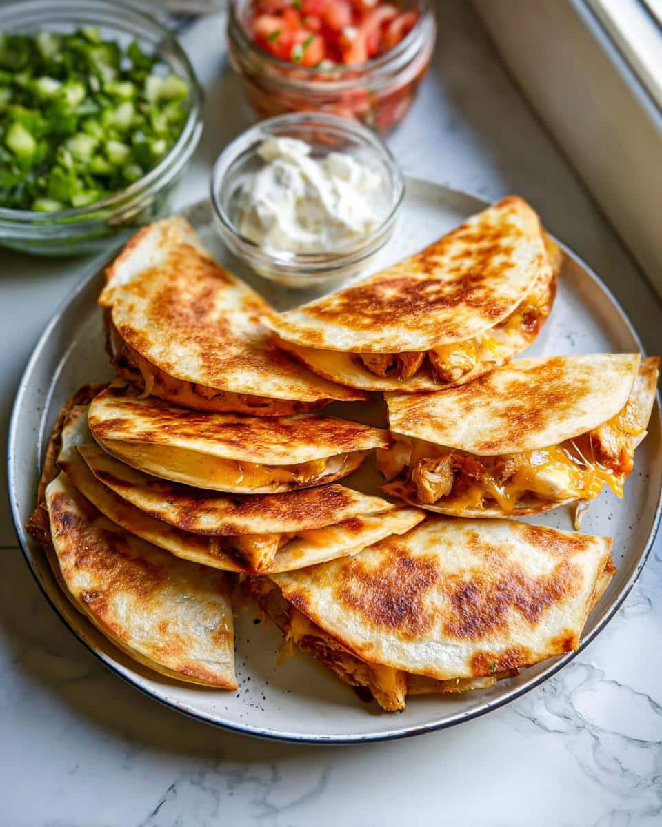 A plate stacked with golden-brown Mini Chicken Quesadilla Bites, served with sides of salsa, sour cream, and chopped green onions.