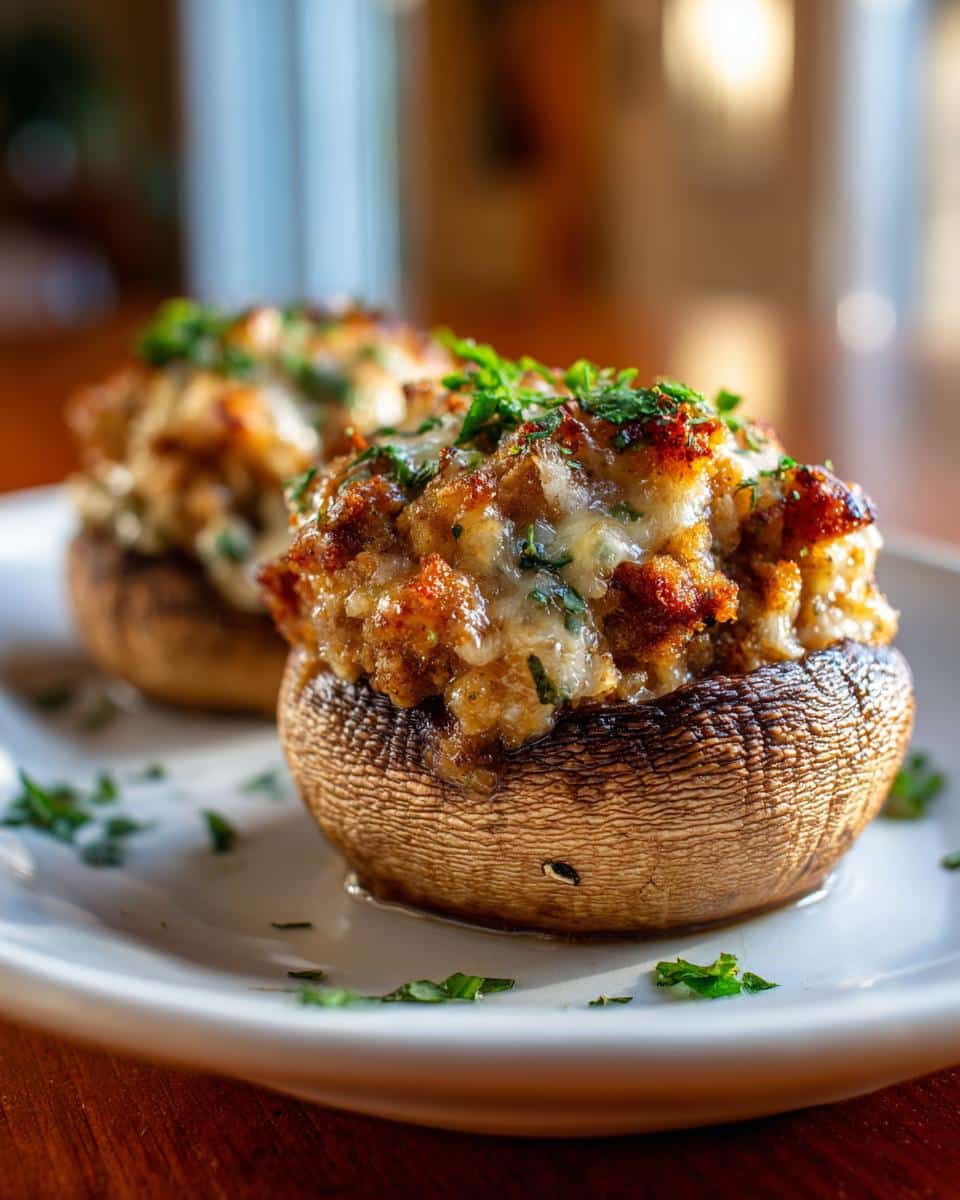 Two perfectly baked Mini Sausage Stuffed Mushrooms topped with melted cheese and fresh parsley on a white plate.