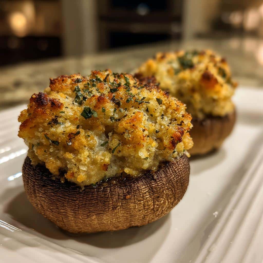 Close-up of two golden brown Mini Sausage Stuffed Mushrooms topped with herbs on a white plate.