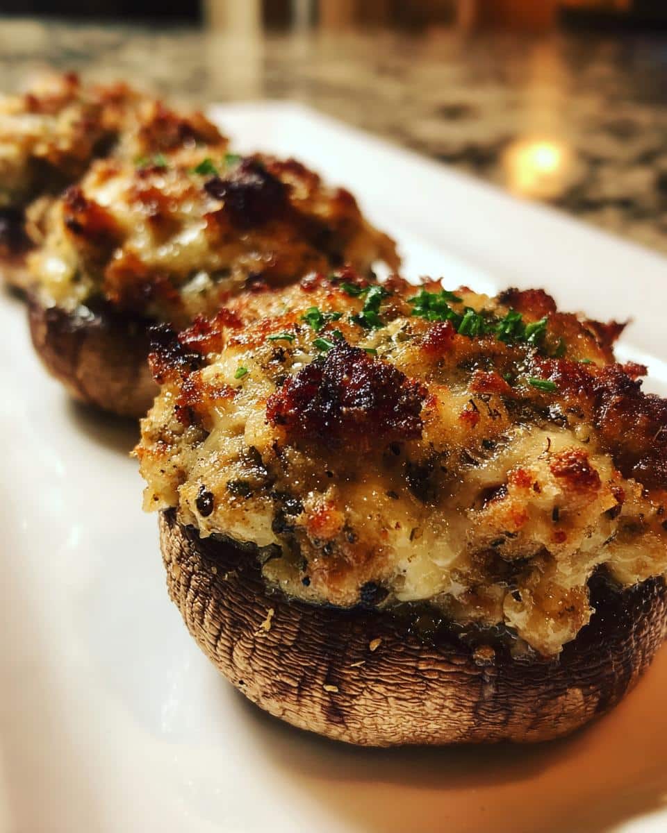Close-up of three baked Mini Sausage Stuffed Mushrooms lined up on a white platter, topped with browned cheese and herbs.