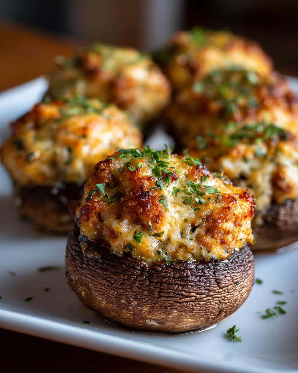 Close-up of a baked Mini Sausage Stuffed Mushroom with a golden, cheesy topping garnished with parsley.