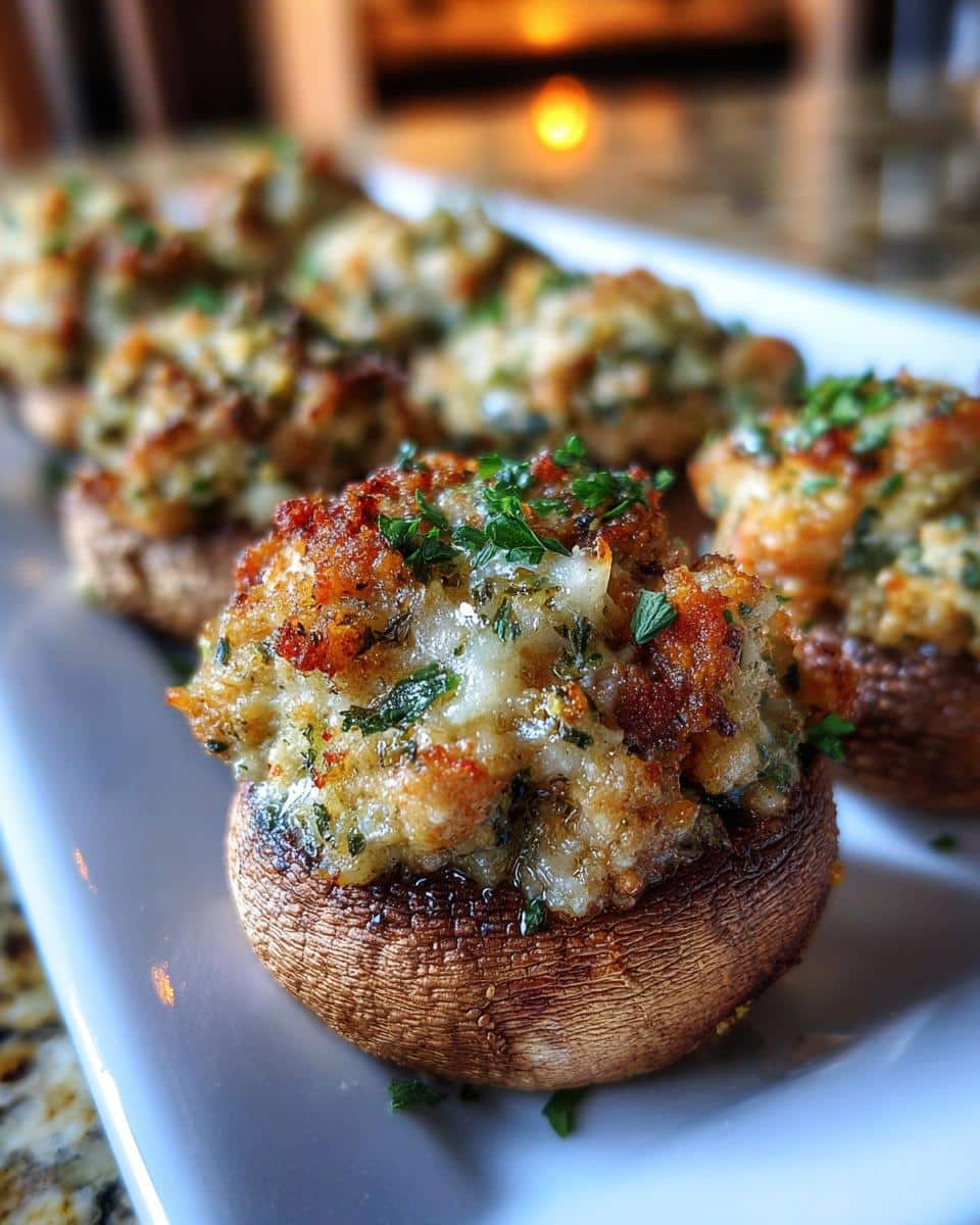 A close-up of one perfectly baked Mini Sausage Stuffed Mushrooms topped with golden stuffing and fresh parsley.