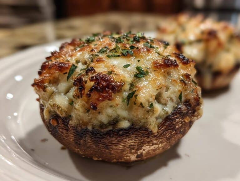 Close-up of a golden-brown Mini Sausage Stuffed Mushroom with melted cheese topping and fresh parsley.