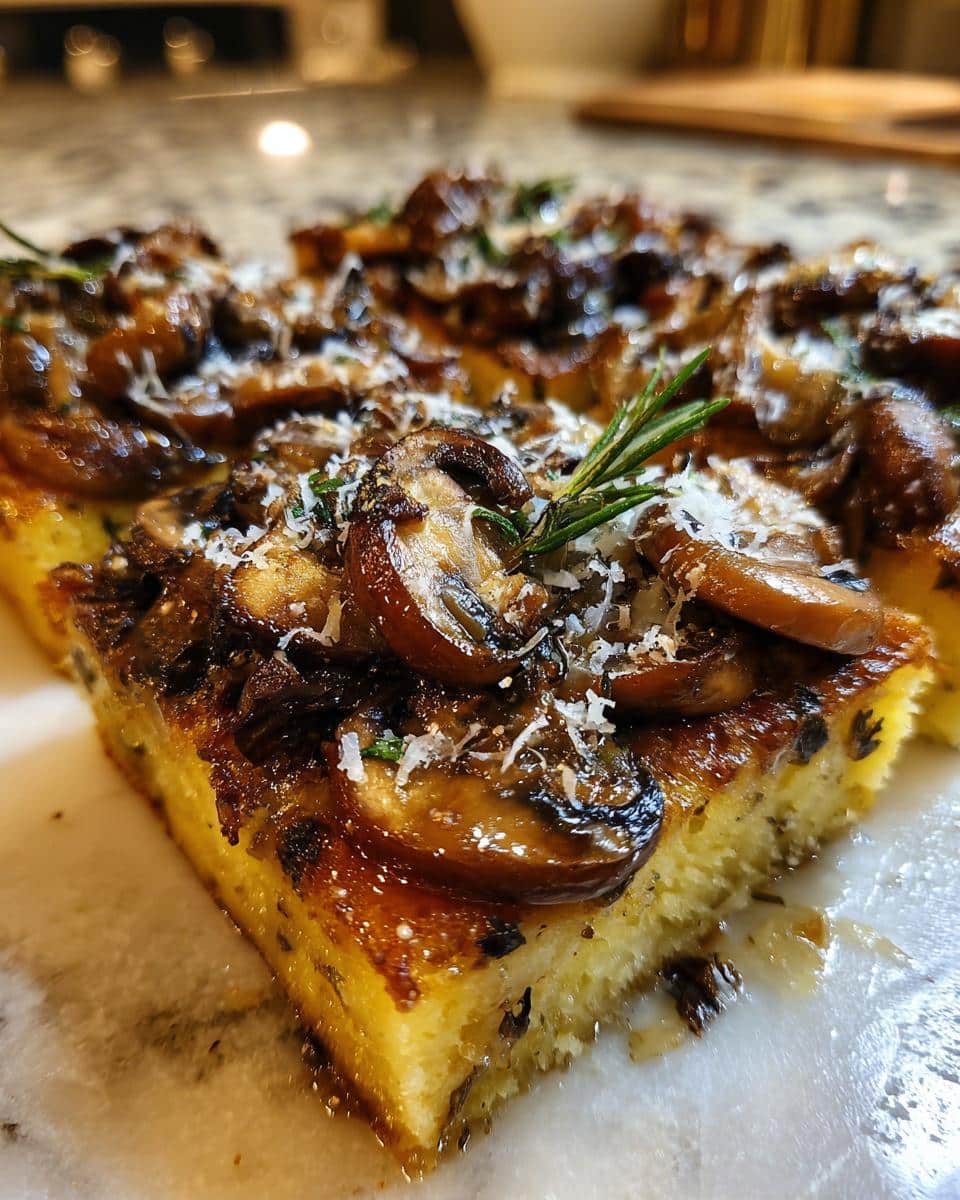 A close-up view of a rich, golden slice of Mushroom & Herb Polenta Squares topped with sautéed mushrooms and grated cheese.