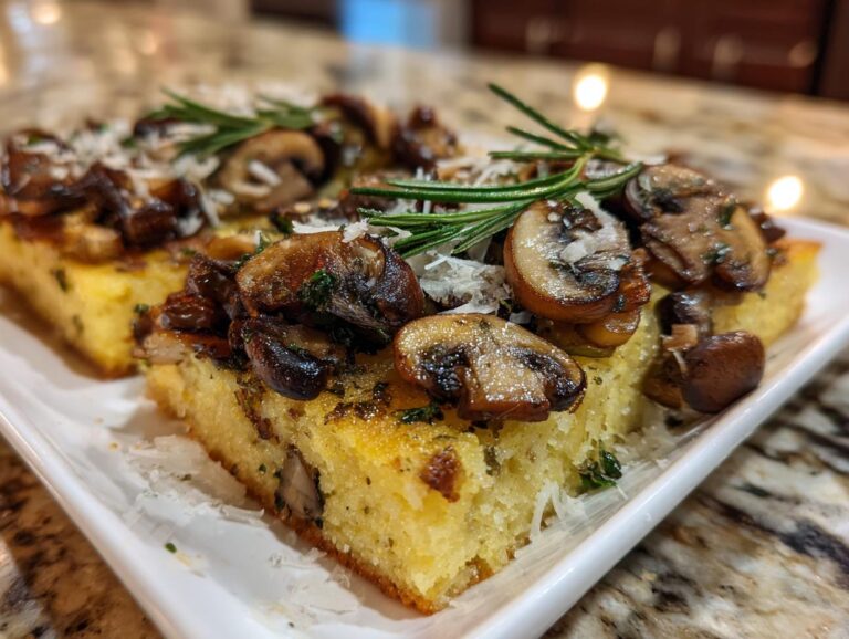 Close-up of two Mushroom & Herb Polenta Squares topped with sautéed mushrooms, grated cheese, and fresh rosemary.