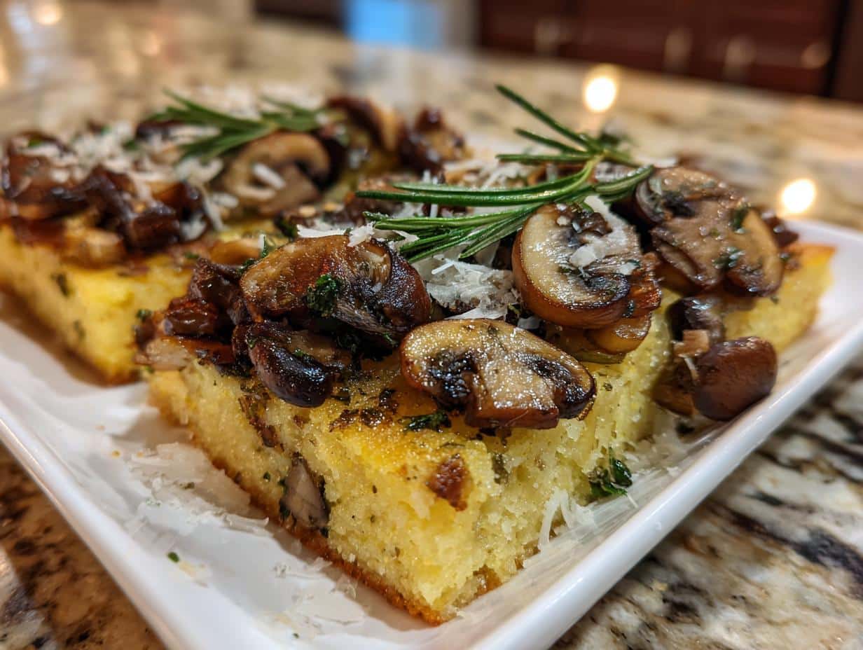 Close-up of two Mushroom & Herb Polenta Squares topped with sautéed mushrooms, grated cheese, and fresh rosemary.