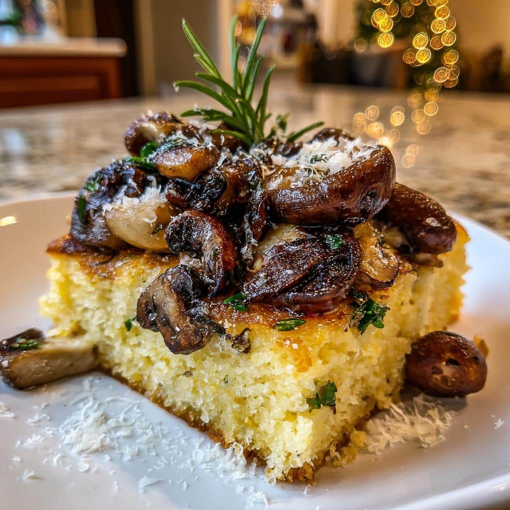 A square of golden polenta topped generously with sautéed mushrooms, herbs, and grated cheese, part of our Mushroom & Herb Polenta Squares recipe.