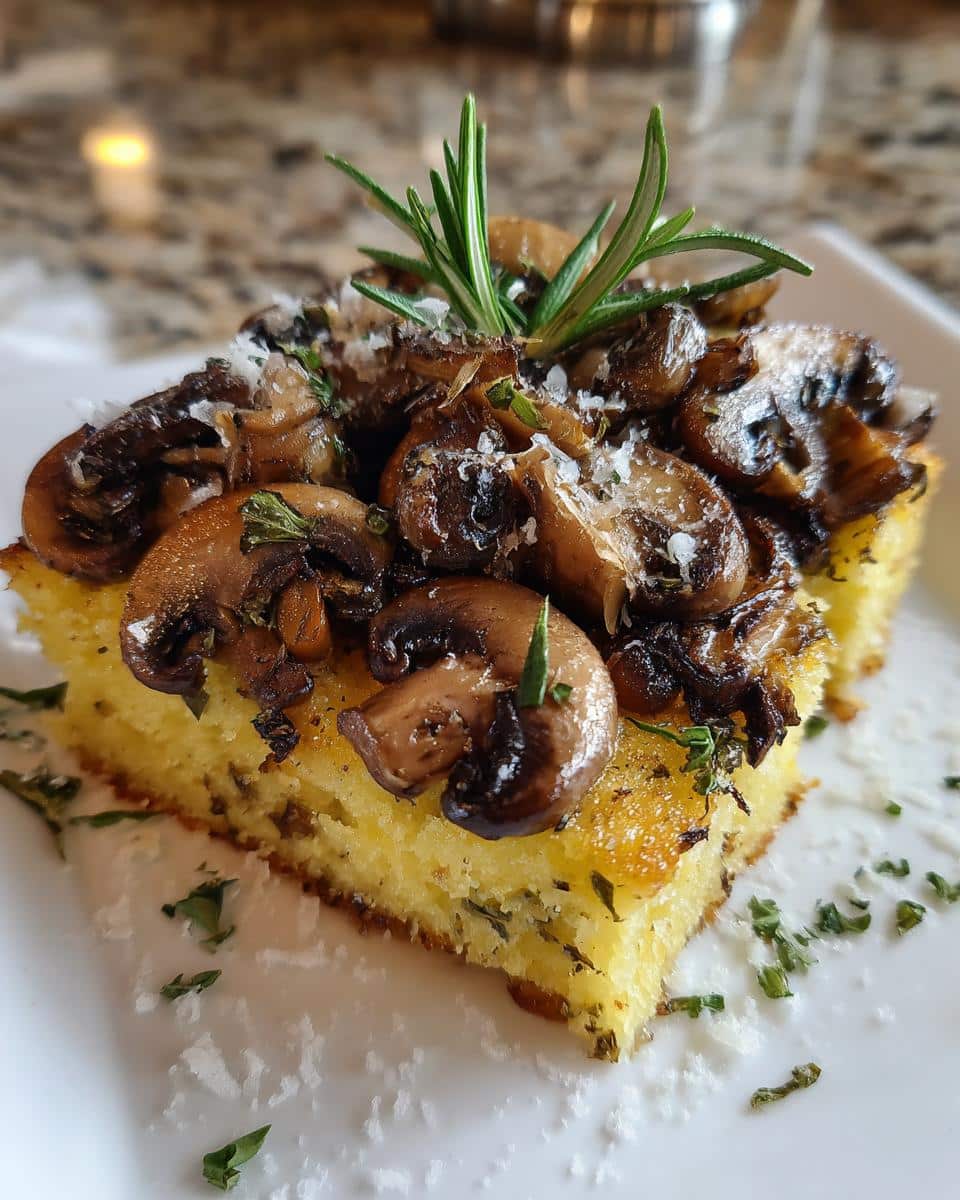 A square slice of golden Mushroom & Herb Polenta Squares topped with sautéed mushrooms and rosemary.