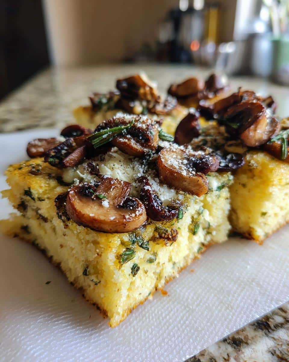 A close-up view of a slice of golden Mushroom & Herb Polenta Squares topped with sautéed mushrooms and grated cheese.