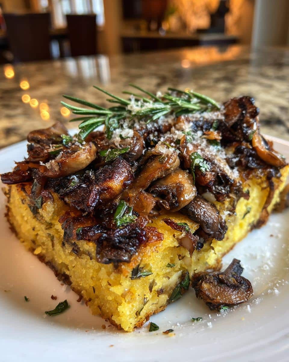 A close-up of a square slice of golden Mushroom & Herb Polenta Squares topped with sautéed mushrooms and fresh rosemary.
