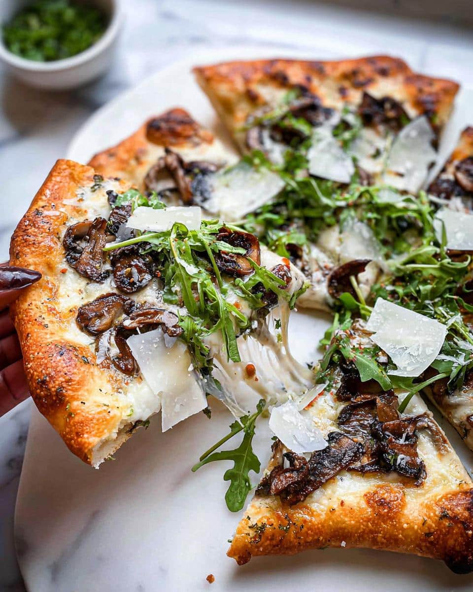 A hand pulls a slice of Mushroom Truffle Pizza topped with mushrooms, arugula, and shaved Parmesan.