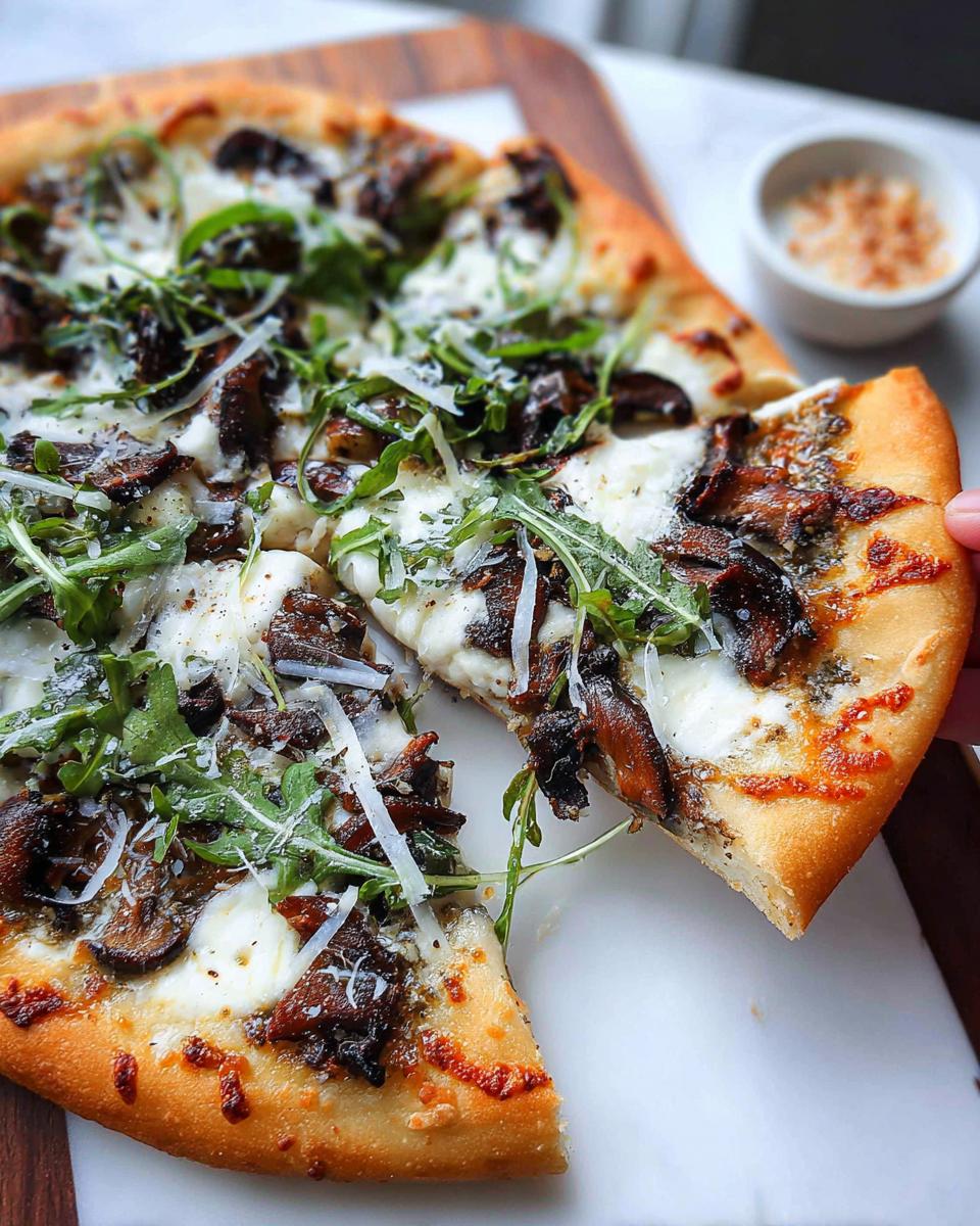 A hand pulling a slice from a freshly baked Mushroom Truffle Pizza topped with mozzarella, mushrooms, and fresh arugula.