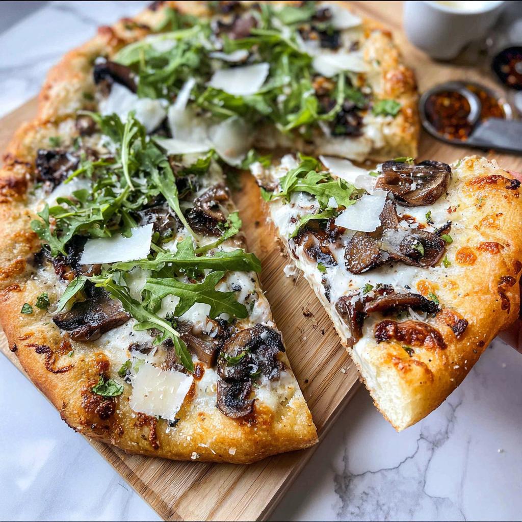 A hand holding a slice of Mushroom Truffle Pizza topped with melted cheese, sautéed mushrooms, fresh arugula, and shaved Parmesan.
