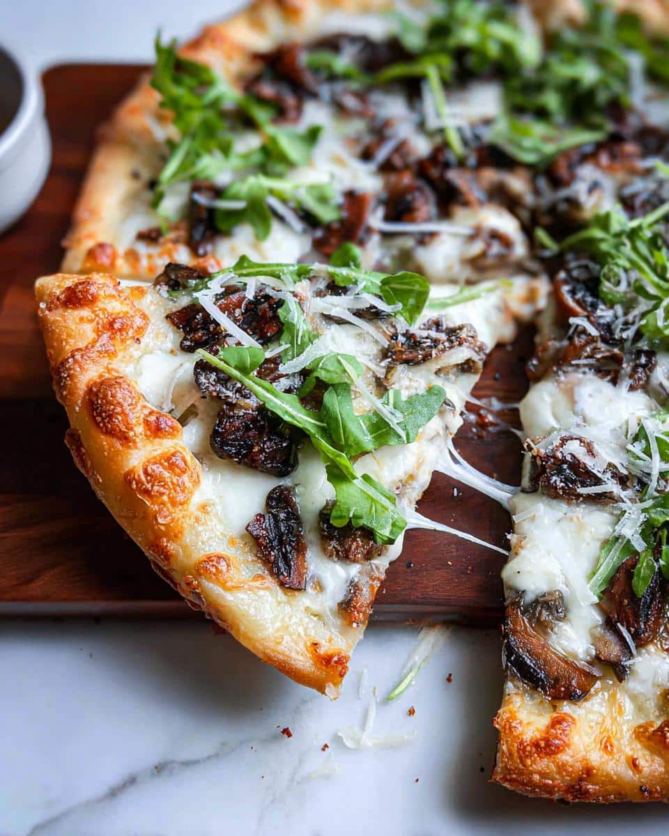 A slice of Mushroom Truffle Pizza showing a cheese pull, topped with dark mushrooms, fresh arugula, and shaved Parmesan.