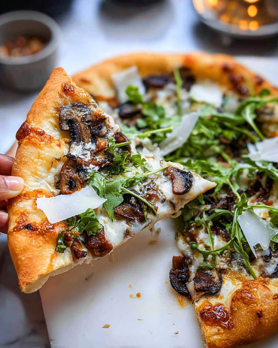 A hand lifting a slice of Mushroom Truffle Pizza topped with mushrooms, arugula, and shaved Parmesan.