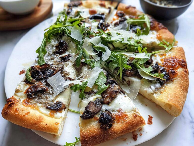 Close-up of a sliced Mushroom Truffle Pizza topped with melted cheese, roasted mushrooms, fresh arugula, and shaved Parmesan.