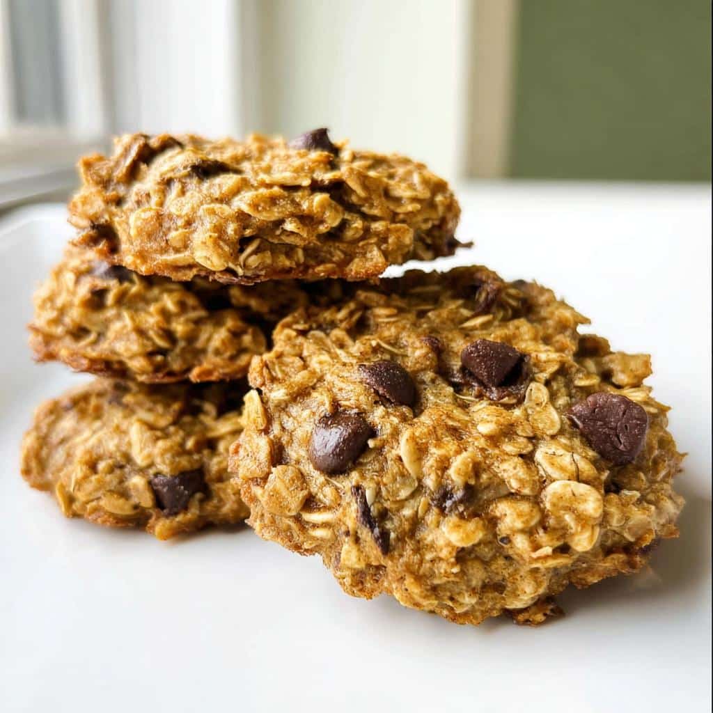 A stack of three No-Bake Banana Breakfast Cookies studded with chocolate chips on a white plate.