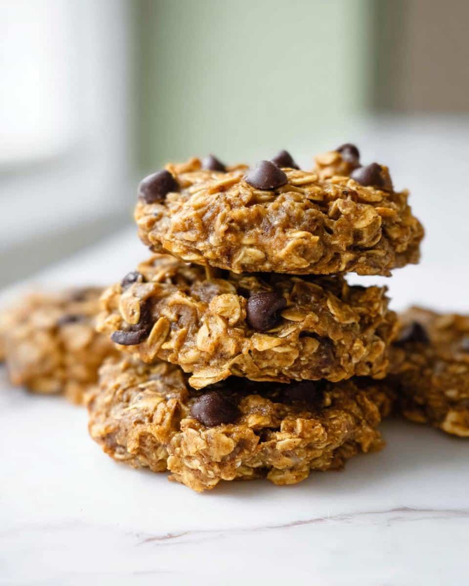 A stack of three chewy No-Bake Banana Breakfast Cookies loaded with chocolate chips on a white marble surface.