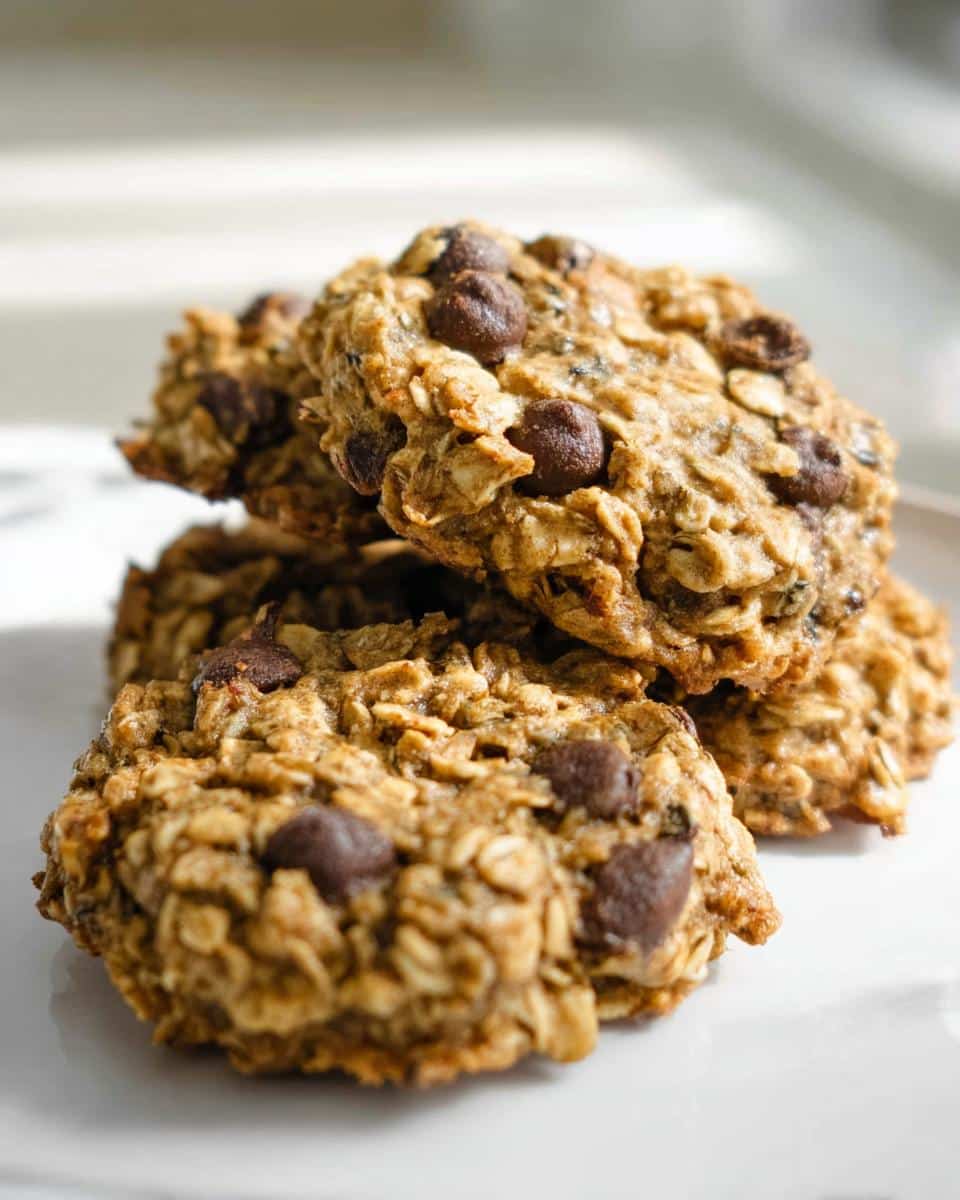 Close-up of a stack of textured No-Bake Banana Breakfast Cookies studded with dark chocolate chips on a white plate.