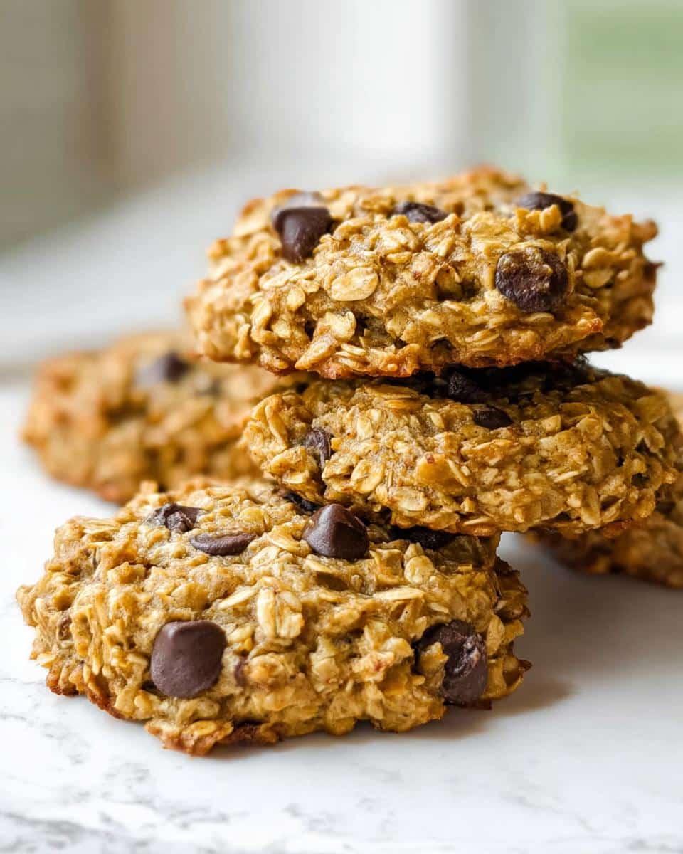 Close-up stack of three No-Bake Banana Breakfast Cookies loaded with visible oats and chocolate chips.
