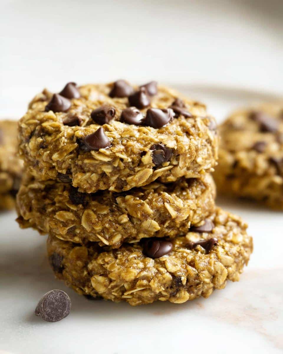Close-up stack of three No-Bake Banana Breakfast Cookies topped with melted chocolate chips on a white surface.