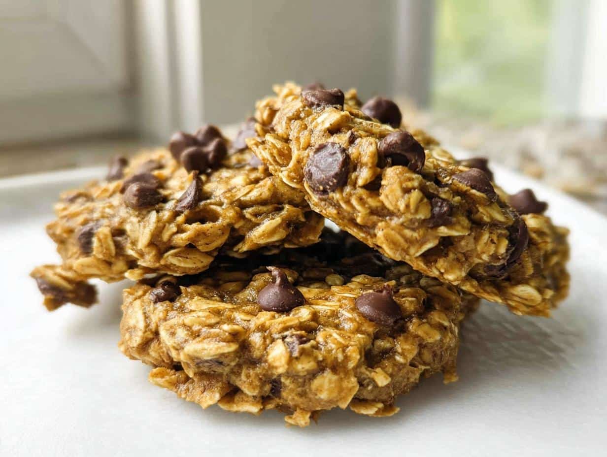 Close-up of a stack of No-Bake Banana Breakfast Cookies loaded with visible rolled oats and chocolate chips.