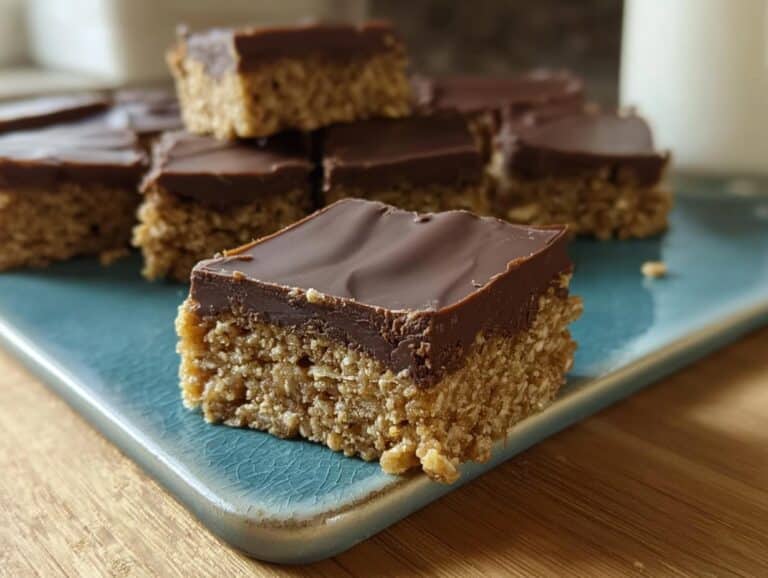A close-up of a single square of No-Bake Chocolate Oat Bars with a thick chocolate topping, resting on a blue platter.