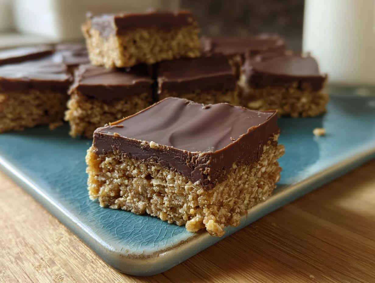 A close-up of a single square of No-Bake Chocolate Oat Bars with a thick chocolate topping, resting on a blue platter.