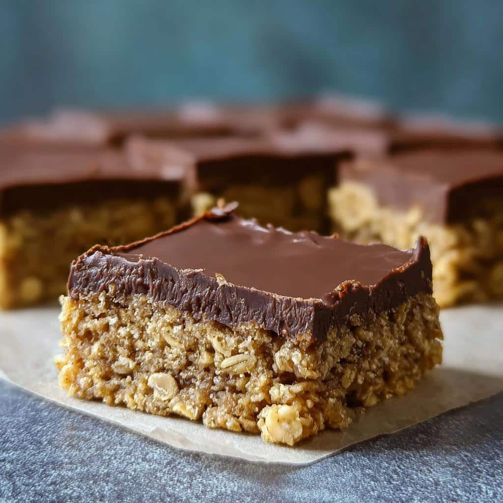 A single, thick slice of No-Bake Chocolate Oat Bars showing the textured oat base and smooth chocolate topping.