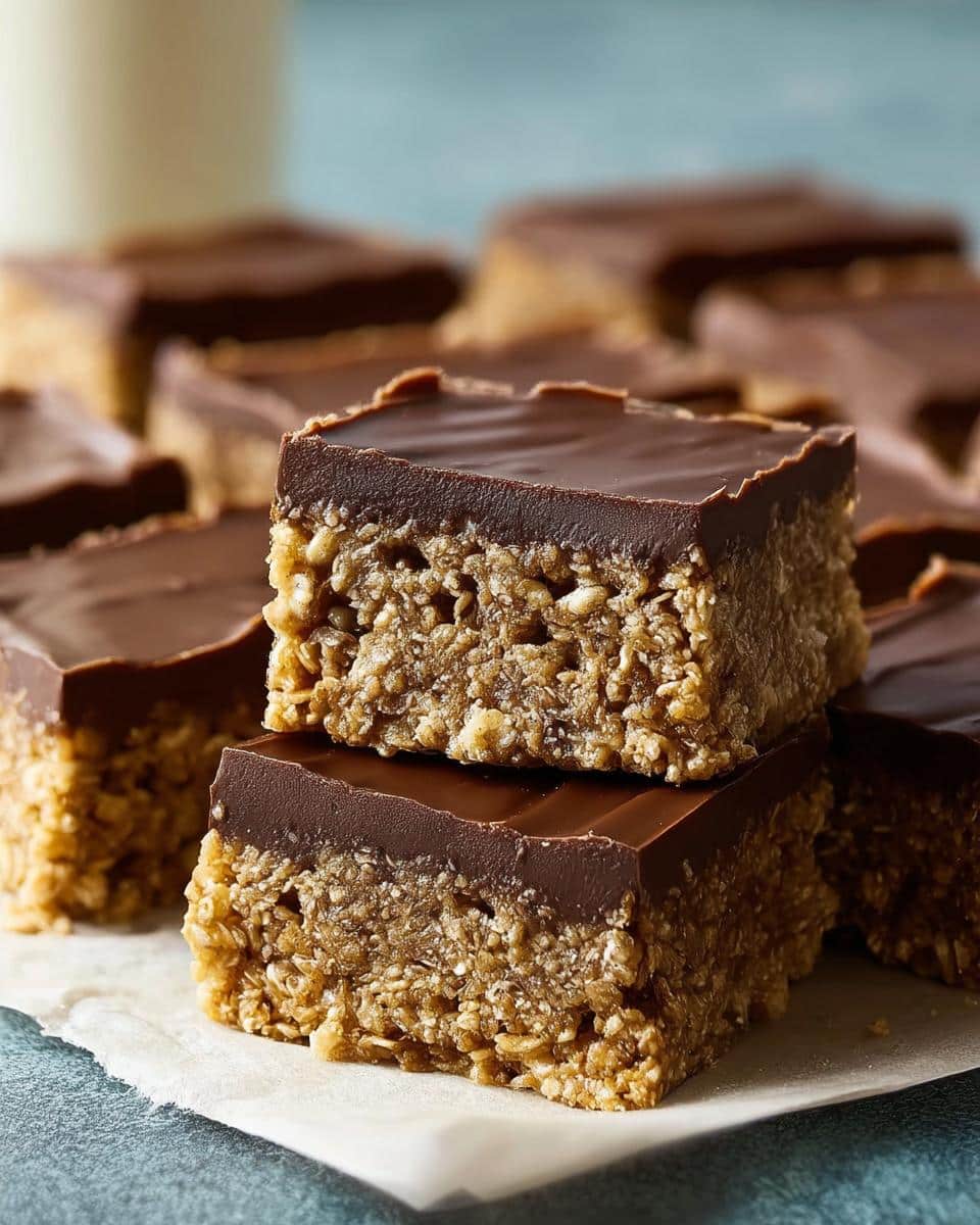 Two stacked squares of No-Bake Chocolate Oat Bars showing the thick oat base and smooth chocolate topping.