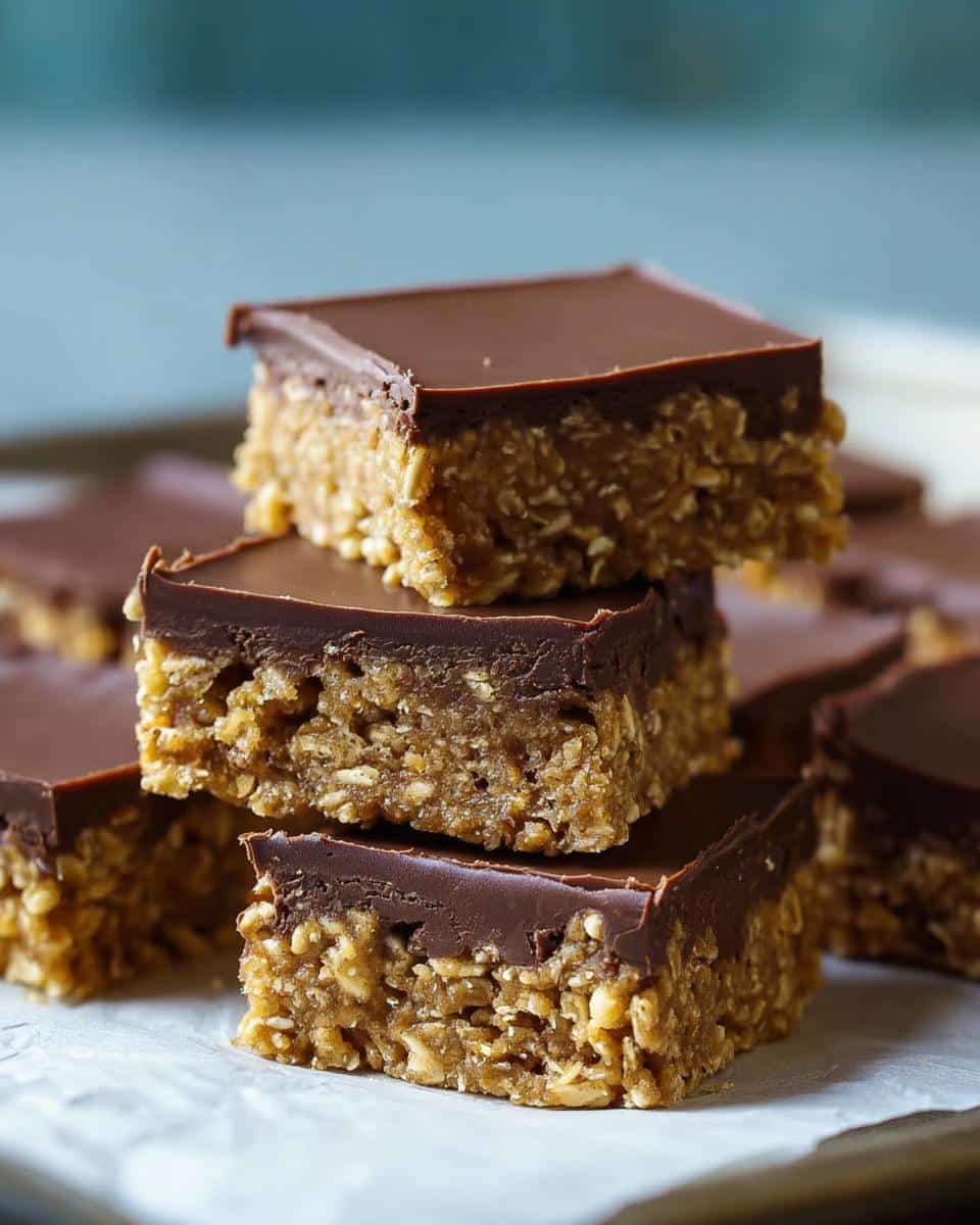 A stack of three rich No-Bake Chocolate Oat Bars, featuring a thick oat base and a smooth chocolate topping.