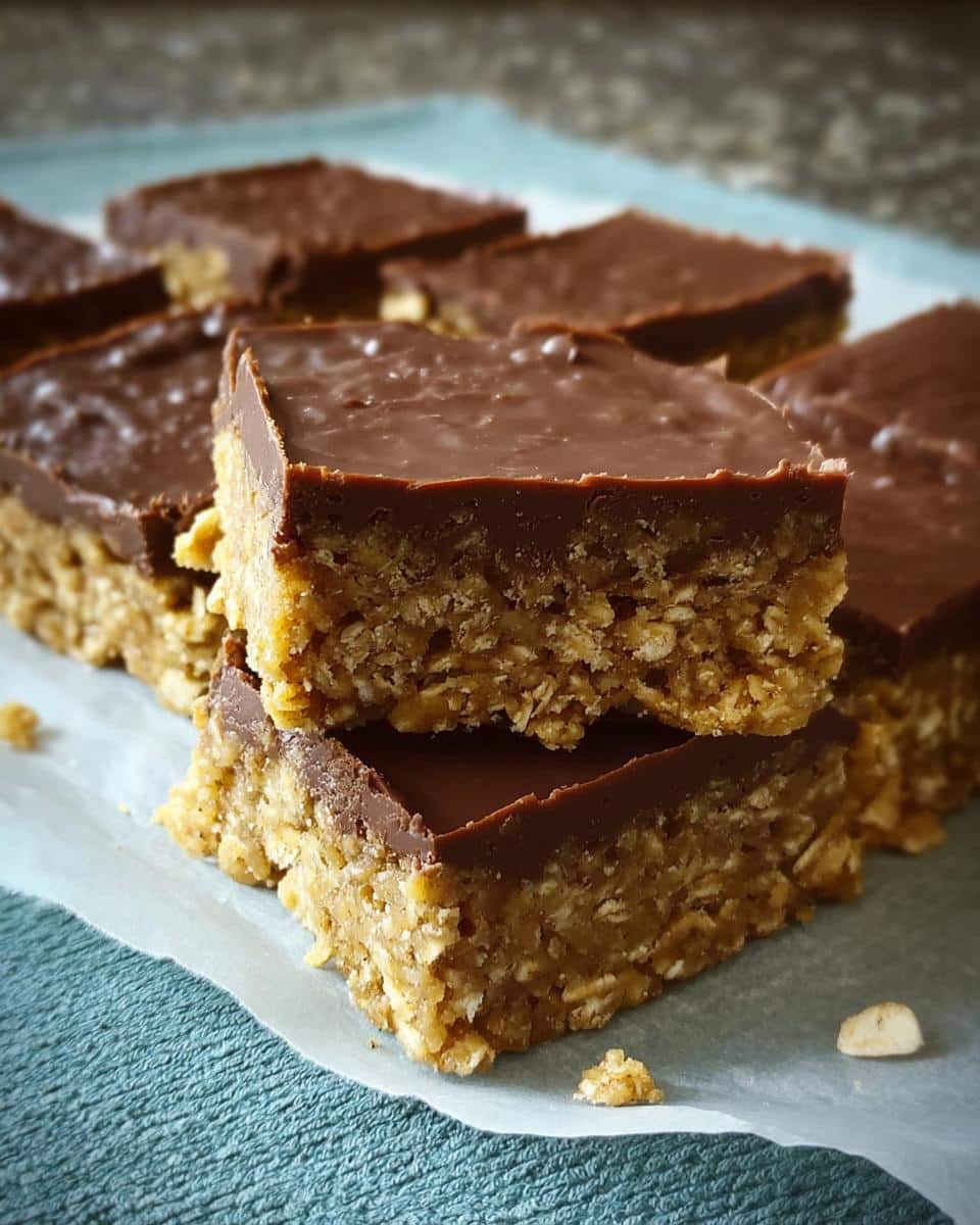 Two stacked squares of No-Bake Chocolate Oat Bars showing the thick oat base and smooth chocolate topping.