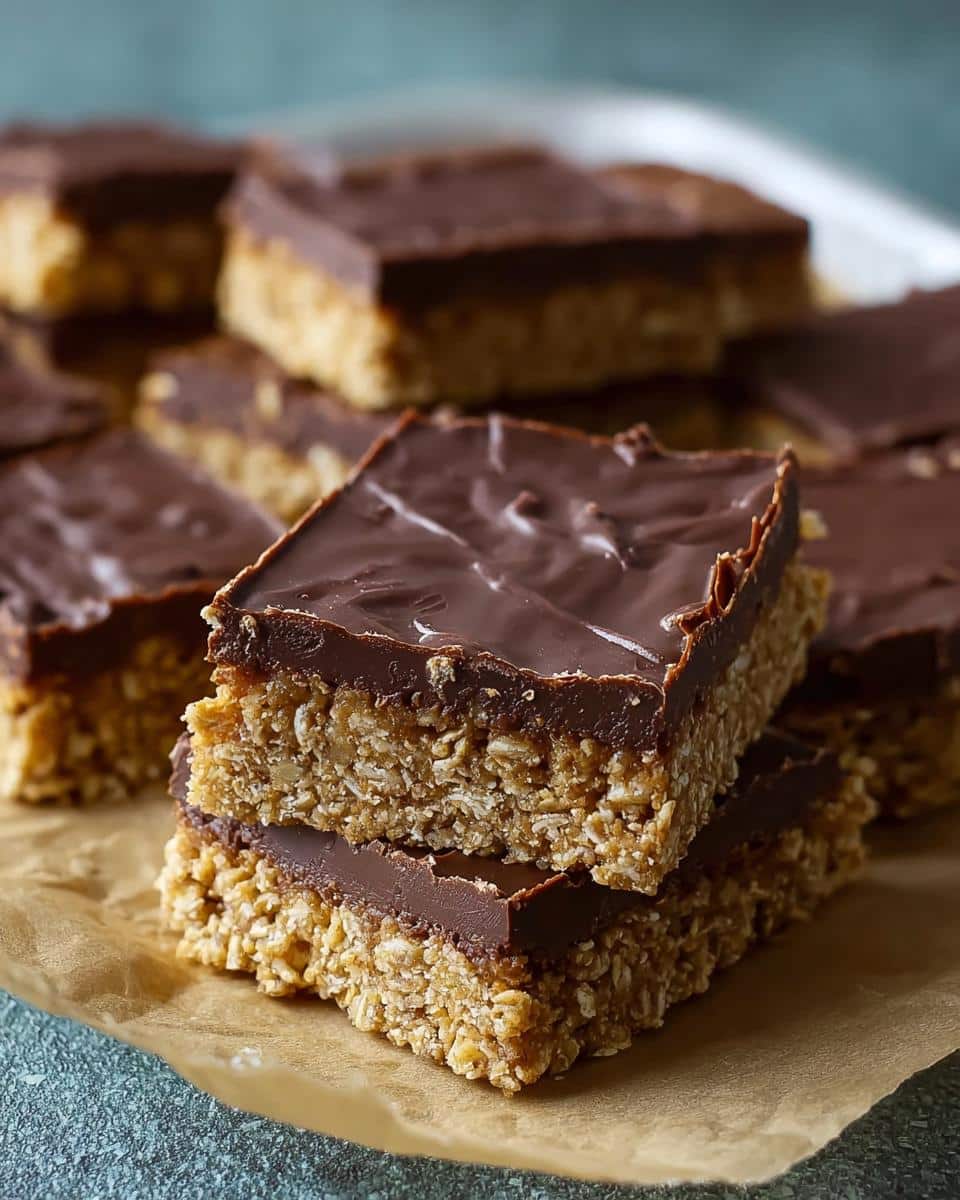 Two stacked squares of No-Bake Chocolate Oat Bars showing the thick oat base and glossy chocolate topping.