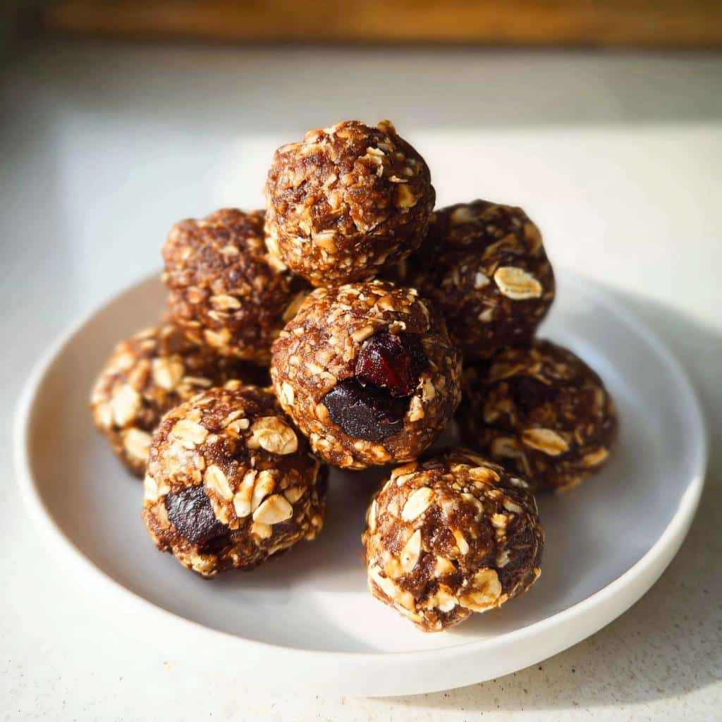 A stack of homemade No-Bake Energy Balls made with oats and visible dried fruit, served on a small white plate.