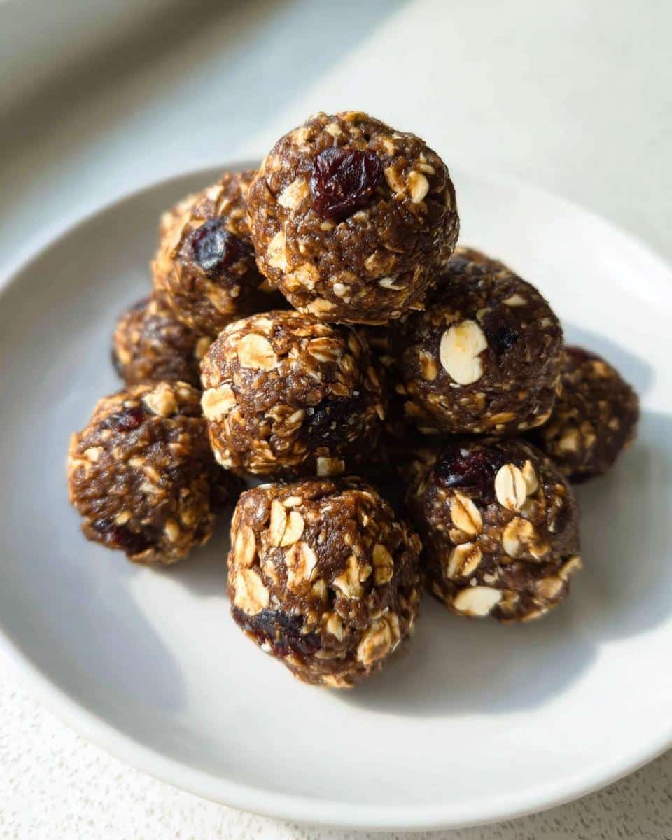 A small stack of rich, dark No-Bake Energy Balls made with visible oats and dried fruit on a white plate.