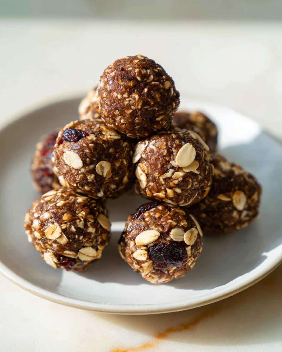 A close-up stack of homemade No-Bake Energy Balls made with oats and dried fruit on a small white plate.