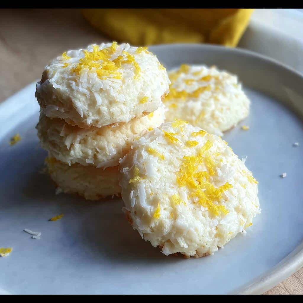 Close-up of stacked and arranged No-Bake Lemon Cookies topped with shredded coconut and bright yellow lemon zest.
