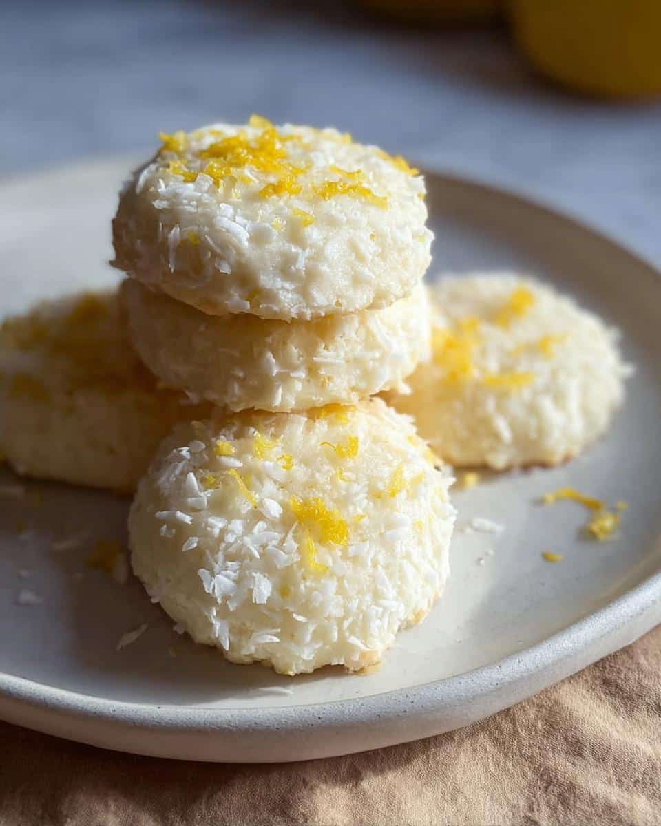 A stack of three No-Bake Lemon Cookies coated in coconut flakes and topped with bright yellow lemon zest.