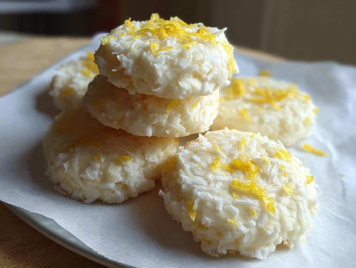 A stack of white, coconut-covered No-Bake Lemon Cookies topped with bright yellow lemon zest.