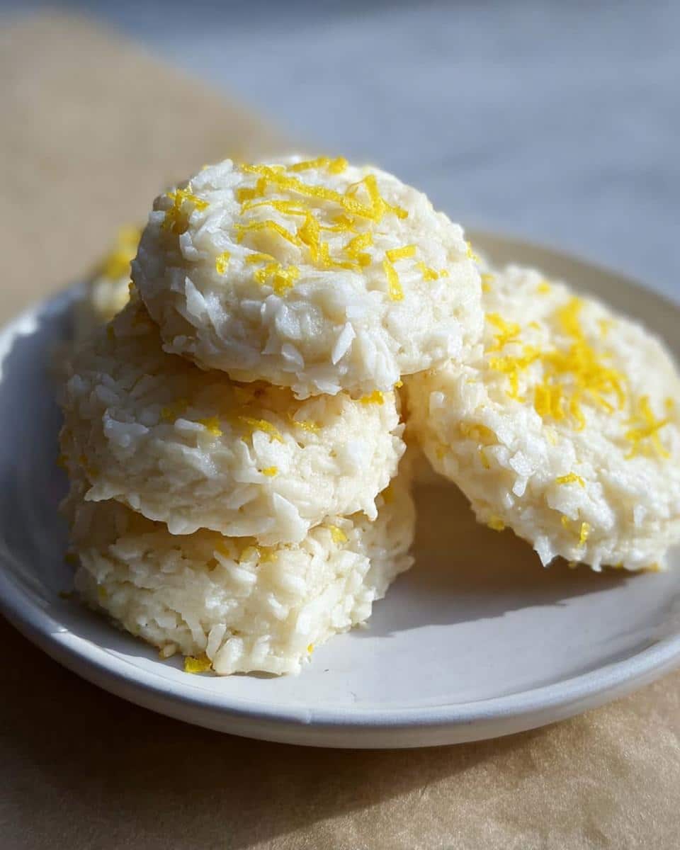A stack of white, textured No-Bake Lemon Cookies topped with bright yellow lemon zest on a light plate.
