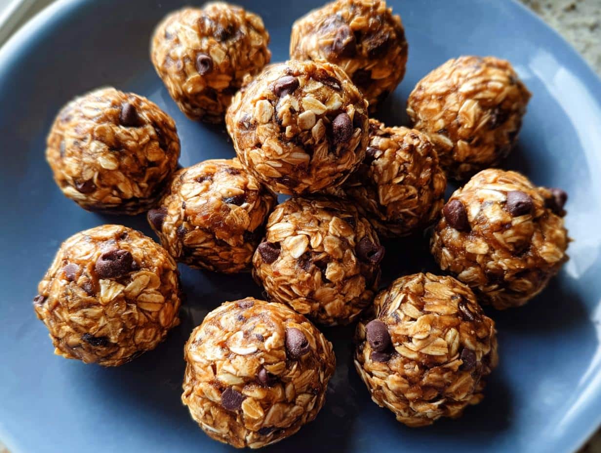 A cluster of homemade no-bake protein ball treats made with oats and chocolate chips on a blue plate.
