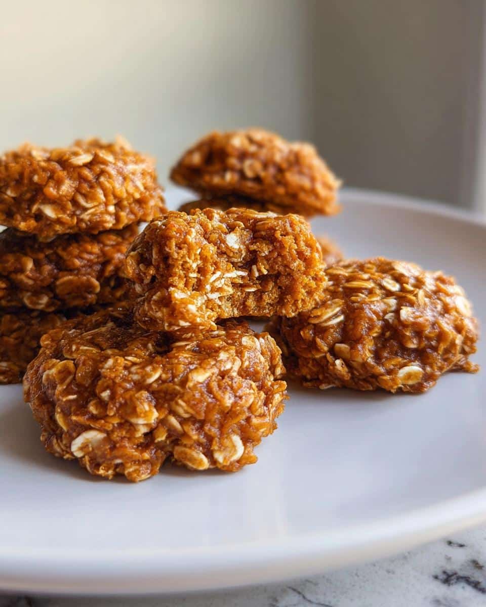 A close-up of a stack of rich, orange No-Bake Pumpkin Spice Cookies made with visible oats on a white plate.