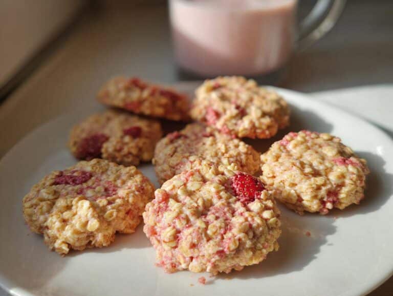 A close-up of several No-Bake Strawberry Vanilla Cashew Cookies featuring oats and pink strawberry pieces, served on a white plate.